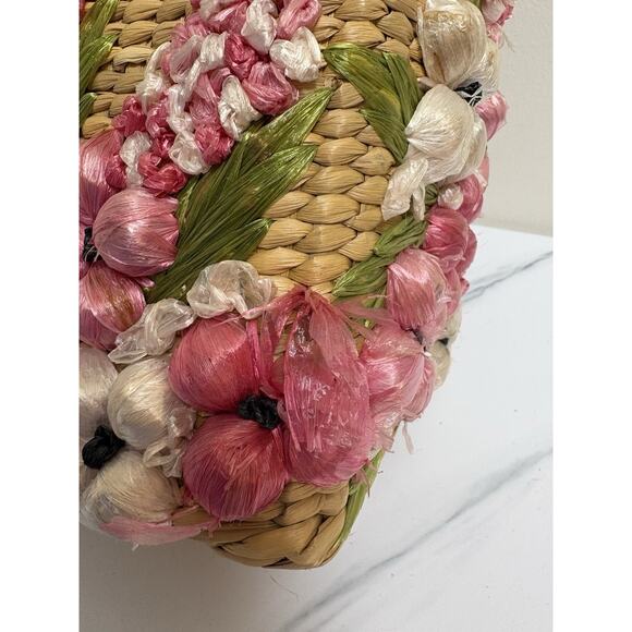 Mantessa Woven Straw Raffia Flower Tote Bag Pink White Boho Cottagecore - Picture 8 of 13